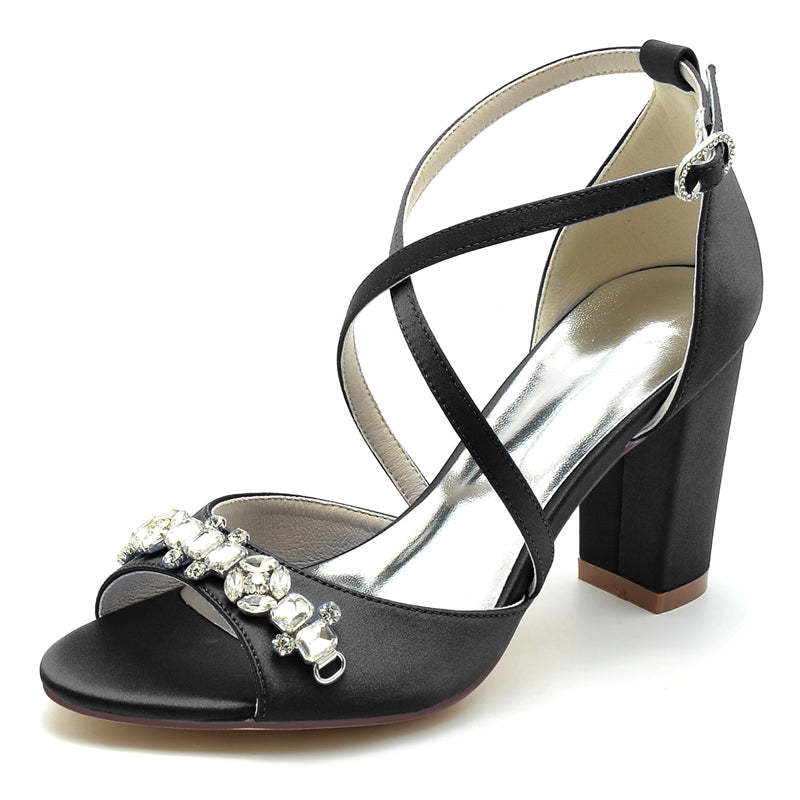 Bridal Shoes for Women with Block Heel Crossed Straps and Rhinestone Buckle