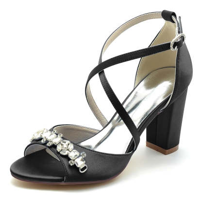 Bridal Shoes for Women with Block Heel Crossed Straps and Rhinestone Buckle