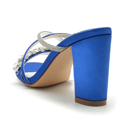 Bridal Slip-On Shoes for Women with Open Toe and Crossed Crystal Straps