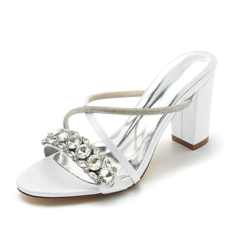 Bridal Slip-On Shoes for Women with Open Toe and Crossed Crystal Straps