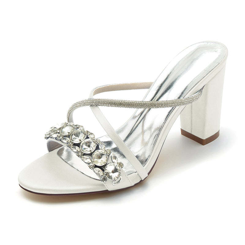 Bridal Slip-On Shoes for Women with Open Toe and Crossed Crystal Straps