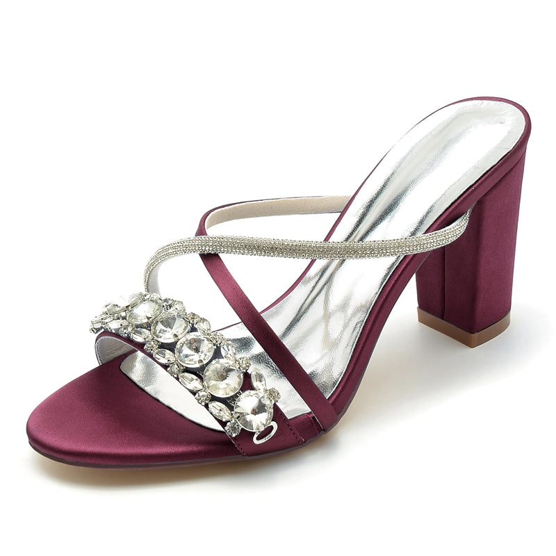 Bridal Slip-On Shoes for Women with Open Toe and Crossed Crystal Straps