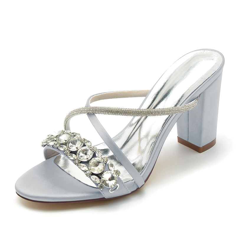 Bridal Slip-On Shoes for Women with Open Toe and Crossed Crystal Straps