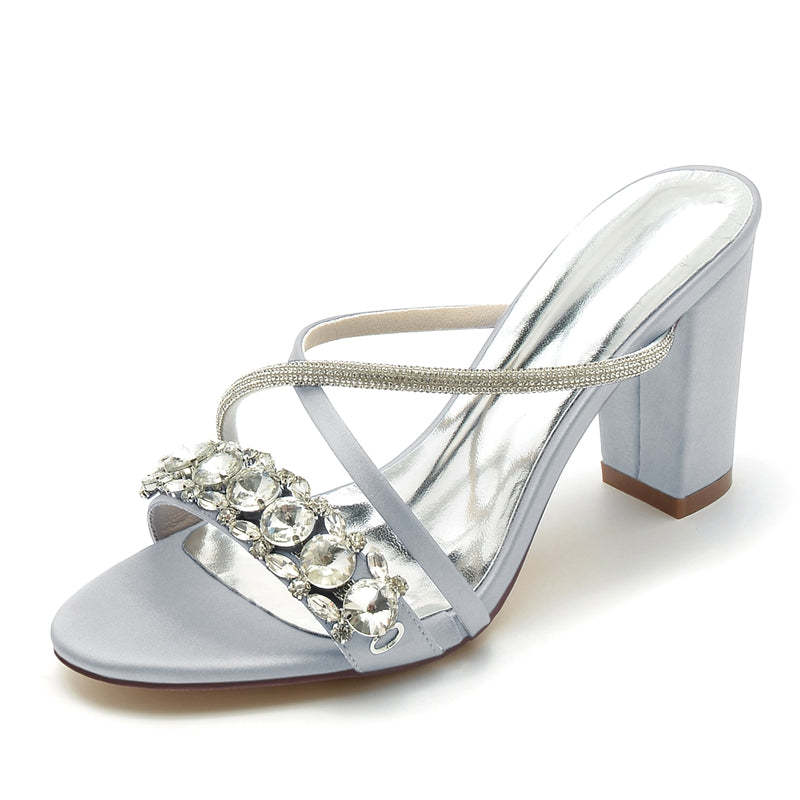 Bridal Slip-On Shoes for Women with Open Toe and Crossed Crystal Straps