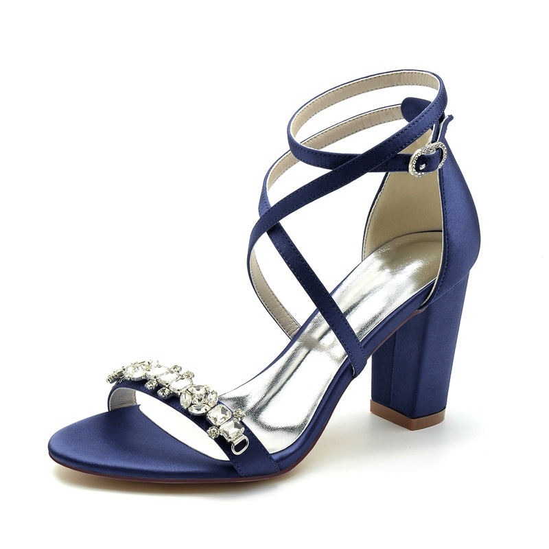 Chic Bridal Shoes for Women with Chunky Heel Crossed Straps and Rhinestone Buckle