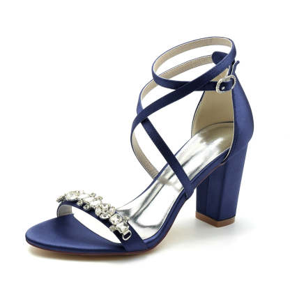 Chic Bridal Shoes for Women with Chunky Heel Crossed Straps and Rhinestone Buckle