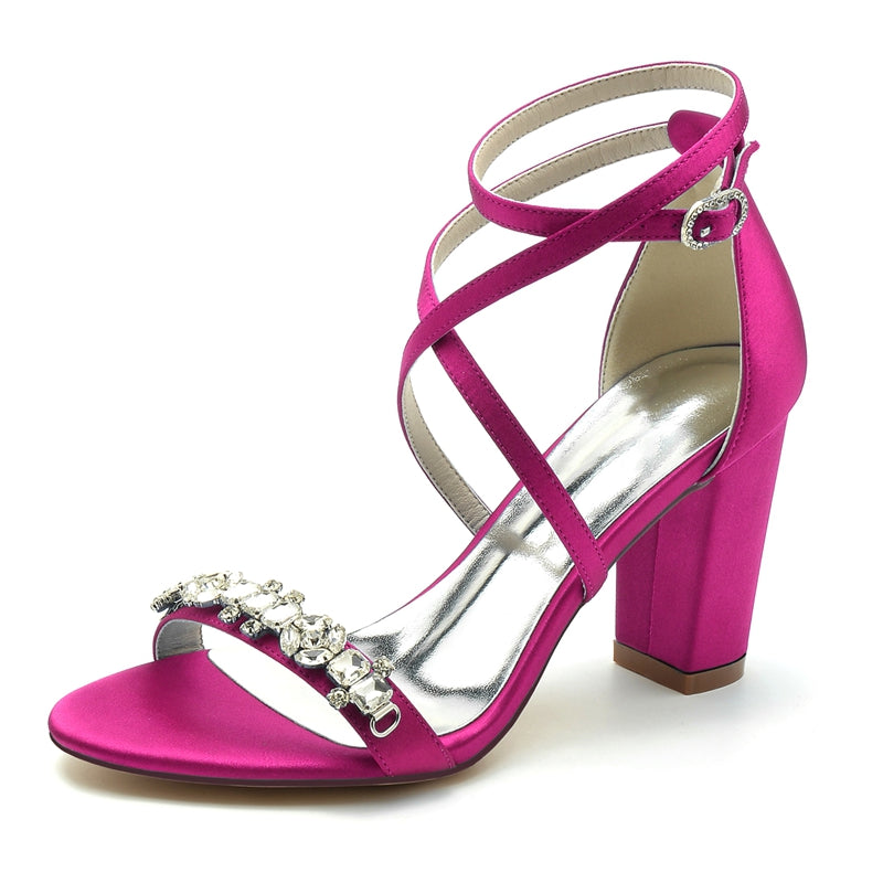 Chic Bridal Shoes for Women with Chunky Heel Crossed Straps and Rhinestone Buckle