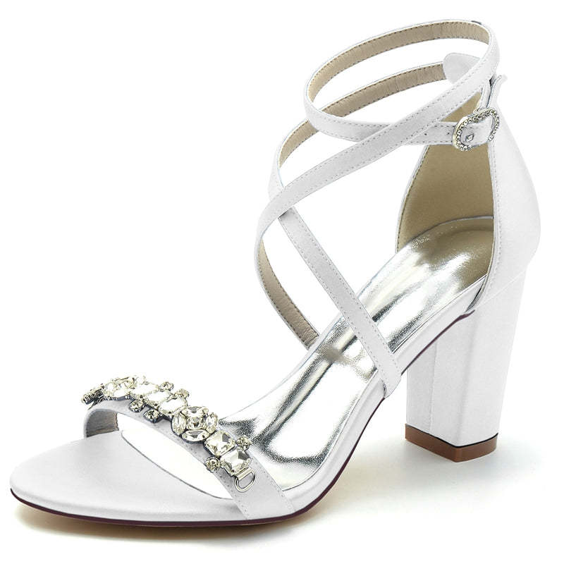 Chic Bridal Shoes for Women with Chunky Heel Crossed Straps and Rhinestone Buckle
