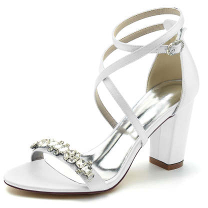Chic Bridal Shoes for Women with Chunky Heel Crossed Straps and Rhinestone Buckle