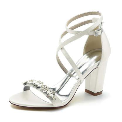 Chic Bridal Shoes for Women with Chunky Heel Crossed Straps and Rhinestone Buckle