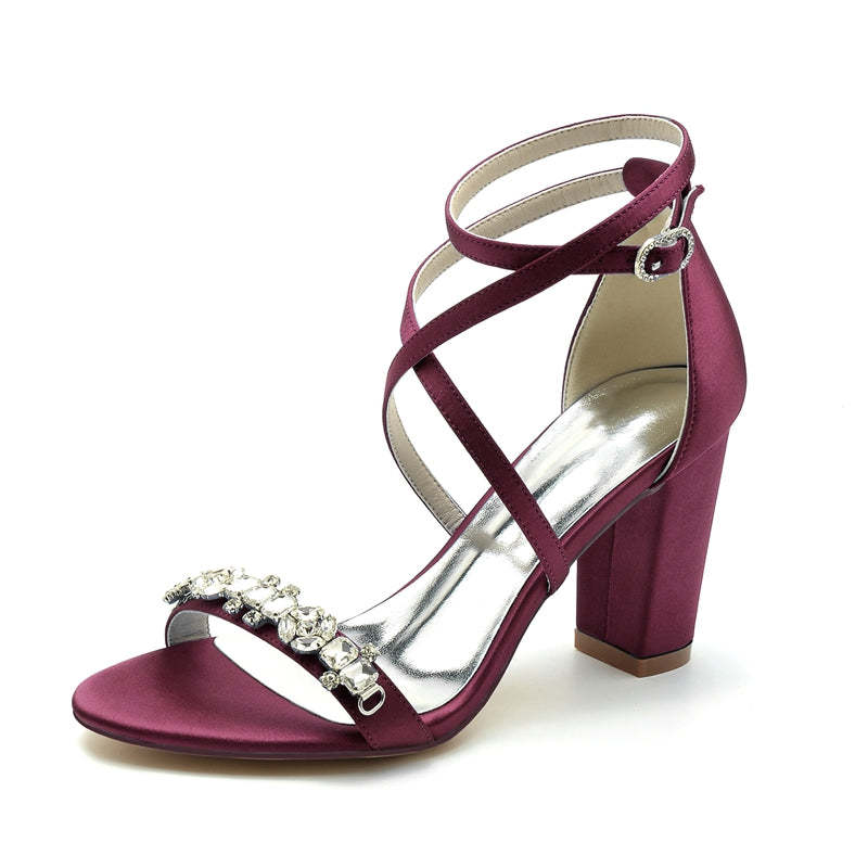 Chic Bridal Shoes for Women with Chunky Heel Crossed Straps and Rhinestone Buckle