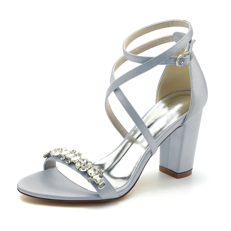 Chic Bridal Shoes for Women with Chunky Heel Crossed Straps and Rhinestone Buckle