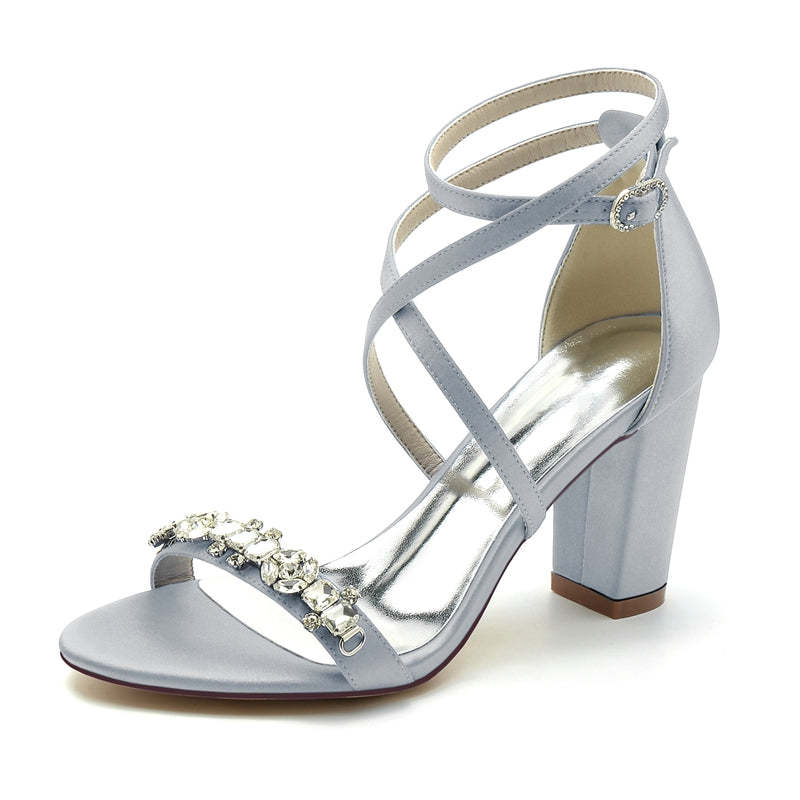 Chic Bridal Shoes for Women with Chunky Heel Crossed Straps and Rhinestone Buckle