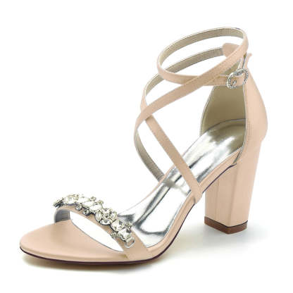 Chic Bridal Shoes for Women with Chunky Heel Crossed Straps and Rhinestone Buckle