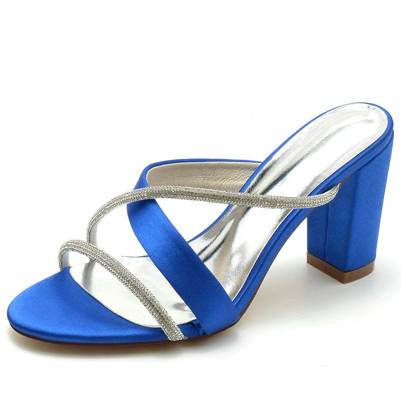 Bridal Shoes for Women: Opened Toe with Crossed Strap and Rhinestone on Block Heel
