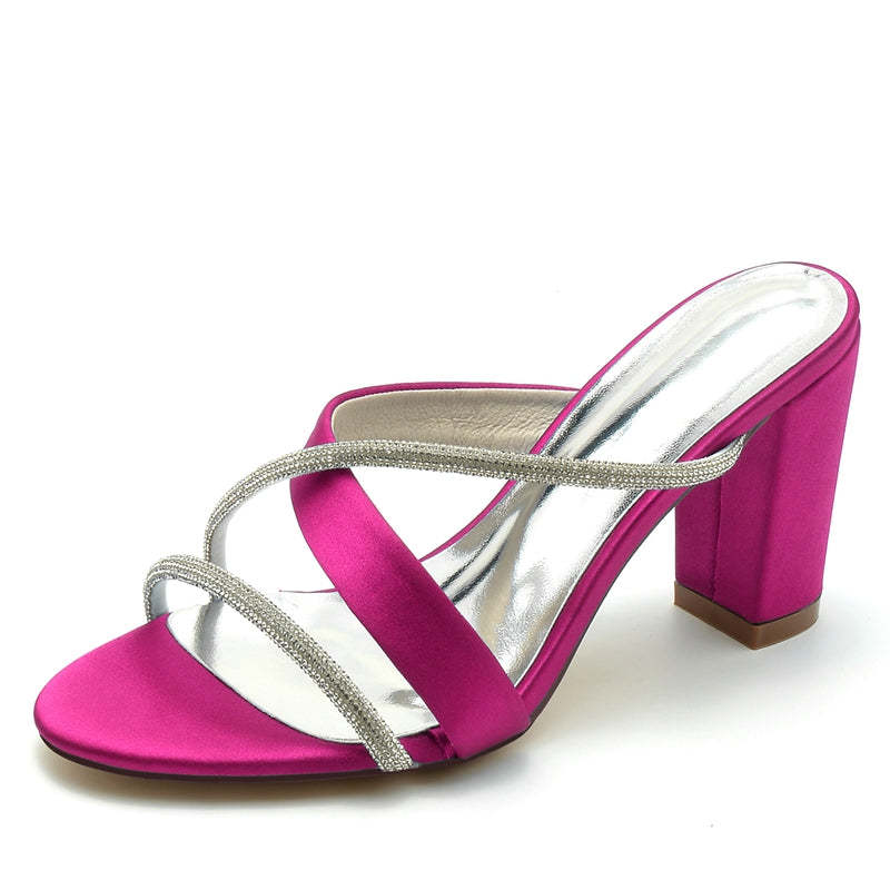 Bridal Shoes for Women: Opened Toe with Crossed Strap and Rhinestone on Block Heel