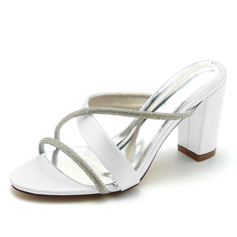 Bridal Shoes for Women: Opened Toe with Crossed Strap and Rhinestone on Block Heel