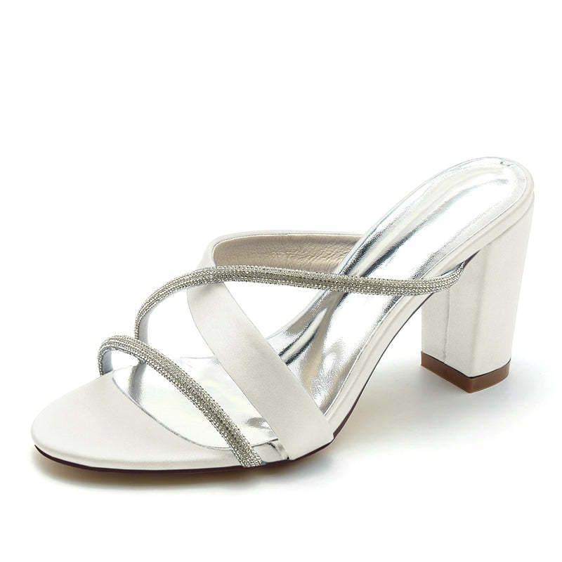 Bridal Shoes for Women: Opened Toe with Crossed Strap and Rhinestone on Block Heel