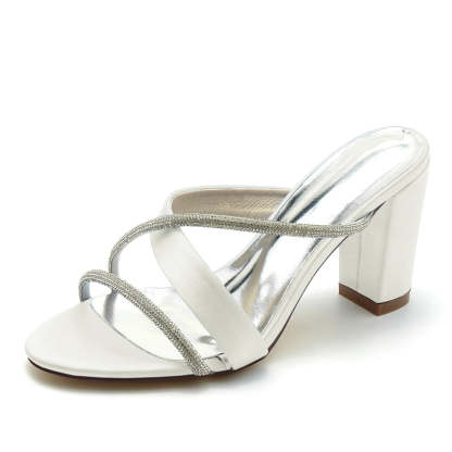 Bridal Shoes for Women: Opened Toe with Crossed Strap and Rhinestone on Block Heel