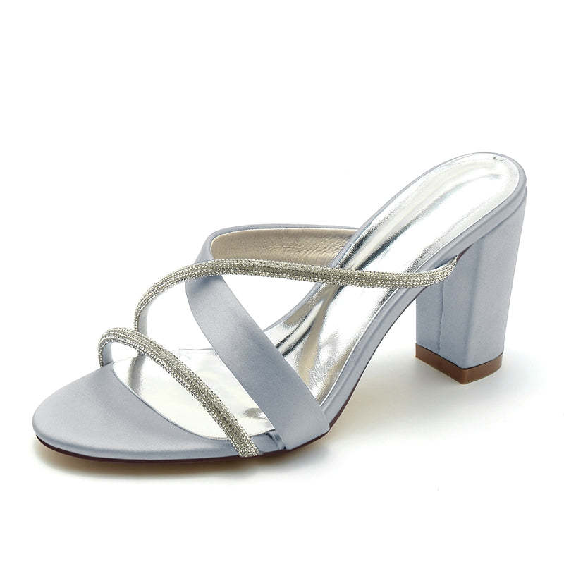 Bridal Shoes for Women: Opened Toe with Crossed Strap and Rhinestone on Block Heel
