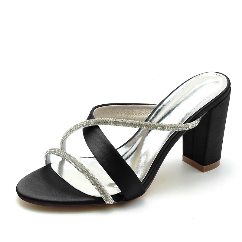 Bridal Shoes for Women: Opened Toe with Crossed Strap and Rhinestone on Block Heel