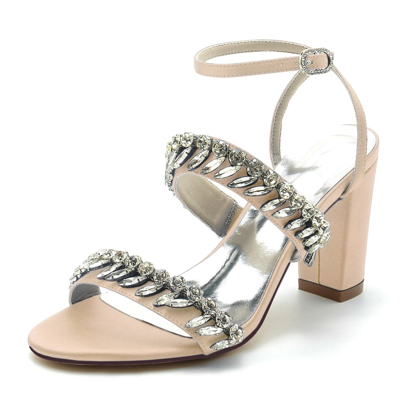 Elegant Champagne Bridal Shoes with Rhinestone Ankle Strap and Opened Toe for Women