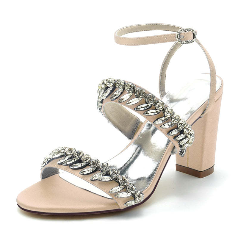 Elegant Champagne Bridal Shoes with Rhinestone Ankle Strap and Opened Toe for Women