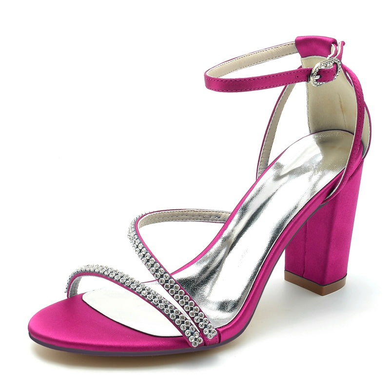 Bridal Shoes for Women with Opened Toe Chunky Heel and Fashionable Crystal Crossed Straps