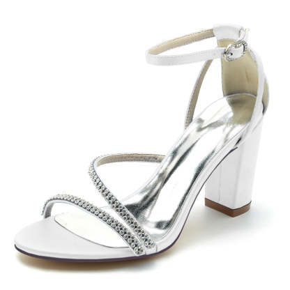Bridal Shoes for Women with Opened Toe Chunky Heel and Fashionable Crystal Crossed Straps