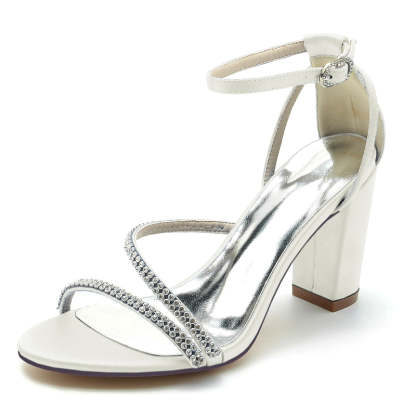 Bridal Shoes for Women with Opened Toe Chunky Heel and Fashionable Crystal Crossed Straps