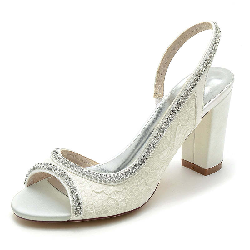 Exquisite Peep Toe High Heel Bridal Shoes for Women with Rhinestone and Lace