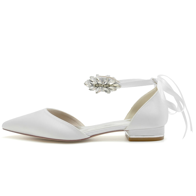 Bridal Shoes for Women with Rhinestone Buckle and Bow Closed Toe Flat Heel