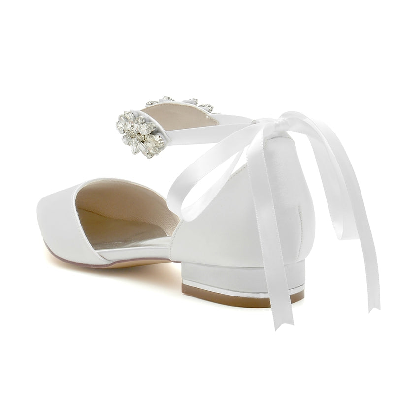 Bridal Shoes for Women with Rhinestone Buckle and Bow Closed Toe Flat Heel