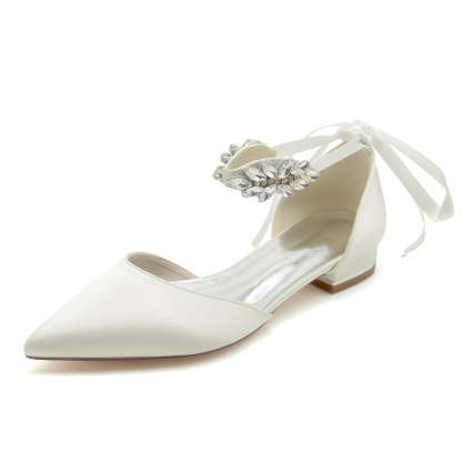 Bridal Shoes for Women with Rhinestone Buckle and Bow Closed Toe Flat Heel