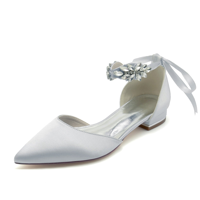 Bridal Shoes for Women with Rhinestone Buckle and Bow Closed Toe Flat Heel