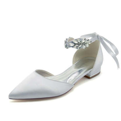 Bridal Shoes for Women with Rhinestone Buckle and Bow Closed Toe Flat Heel