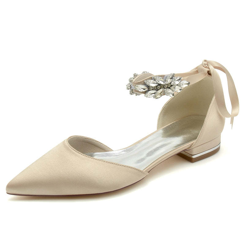 Bridal Shoes for Women with Rhinestone Buckle and Bow Closed Toe Flat Heel