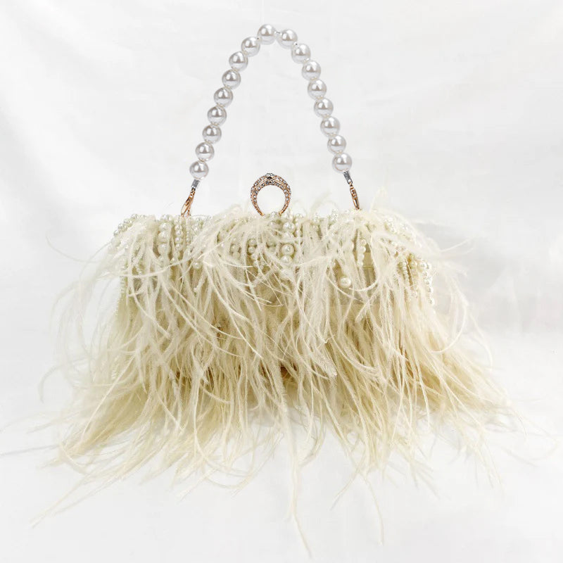 Ostrich Feather Pleated Chain Clutch Bag
