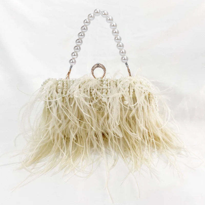 Ostrich Feather Pleated Chain Clutch Bag
