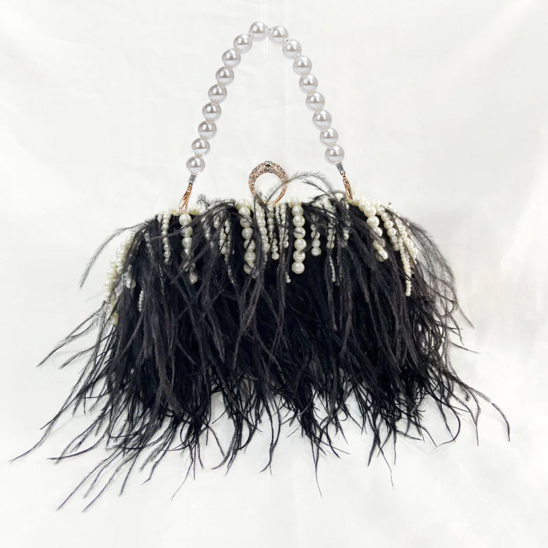 Ostrich Feather Pleated Chain Clutch Bag