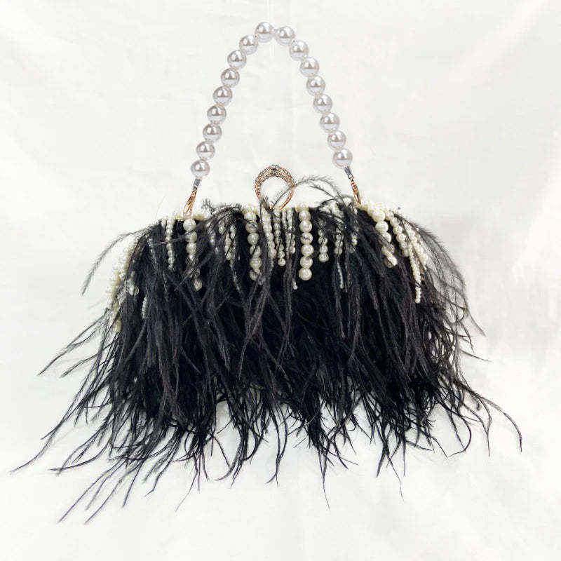 Ostrich Feather Pleated Chain Clutch Bag