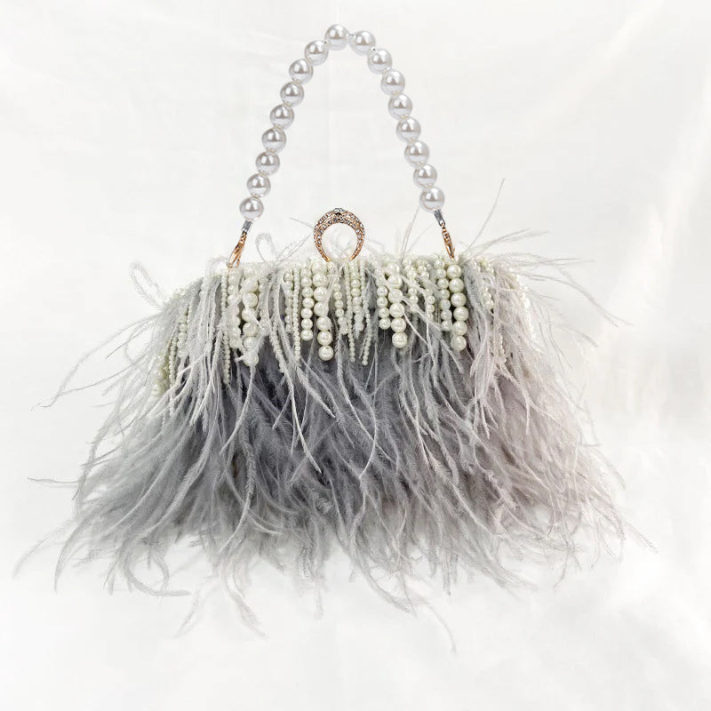 Ostrich Feather Pleated Chain Clutch Bag