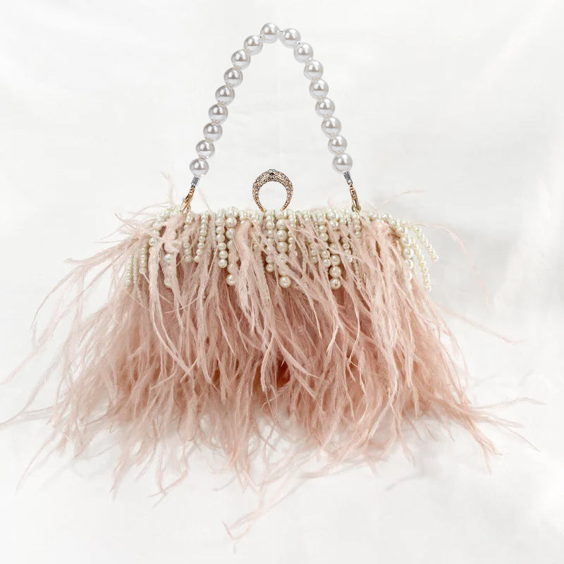 Ostrich Feather Pleated Chain Clutch Bag
