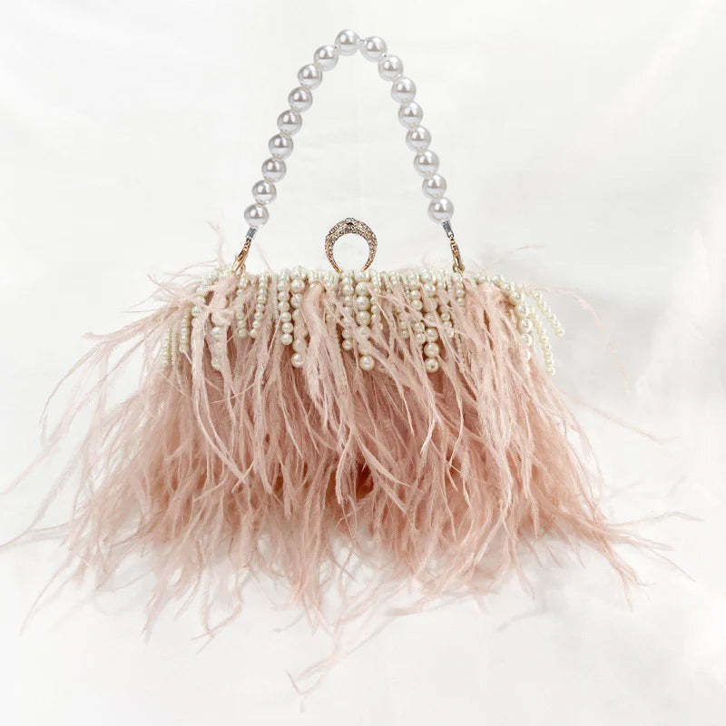 Ostrich Feather Pleated Chain Clutch Bag
