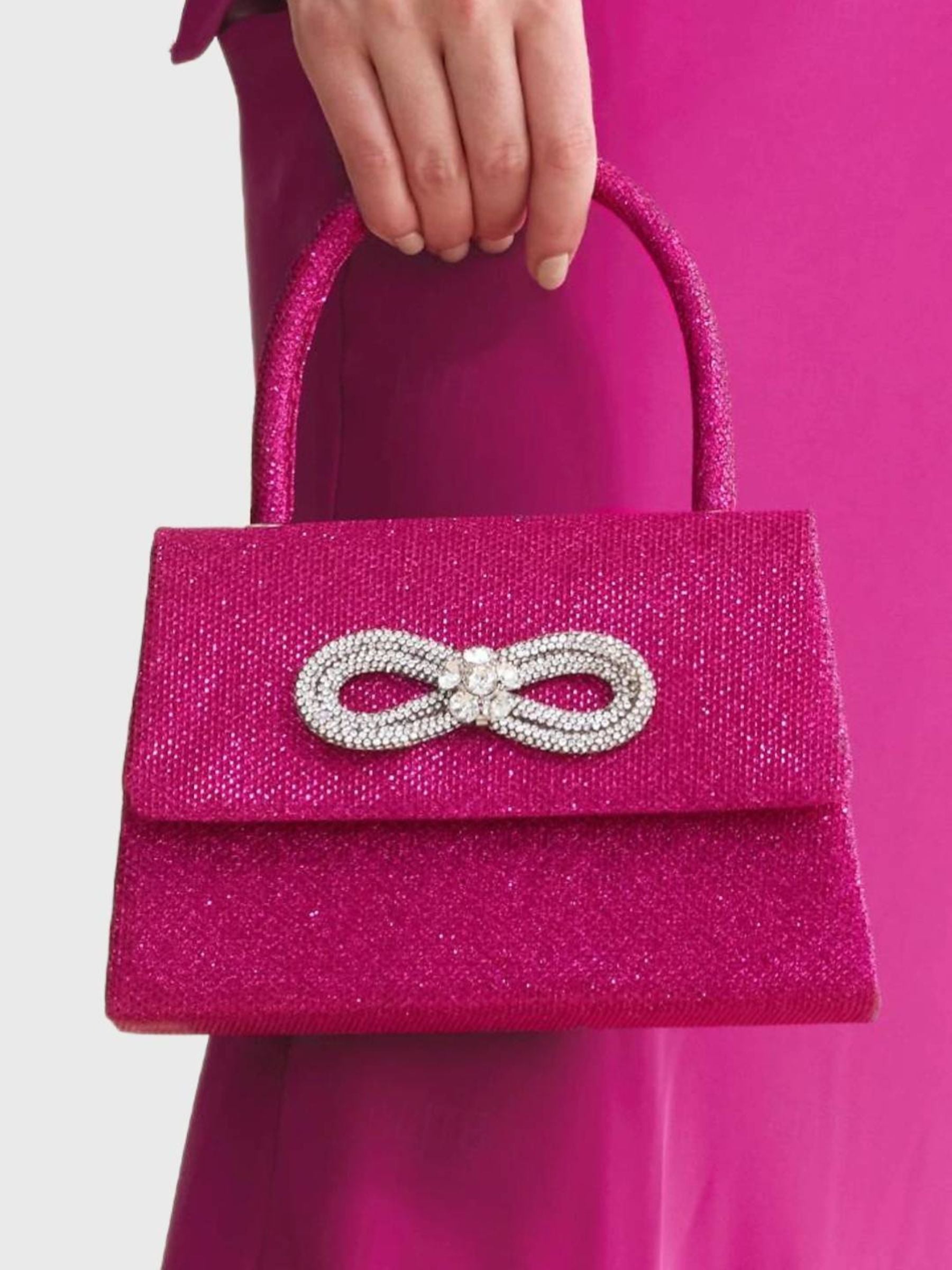 Glitter Handbag in Rose Pink Featuring a Rhinestone Bow