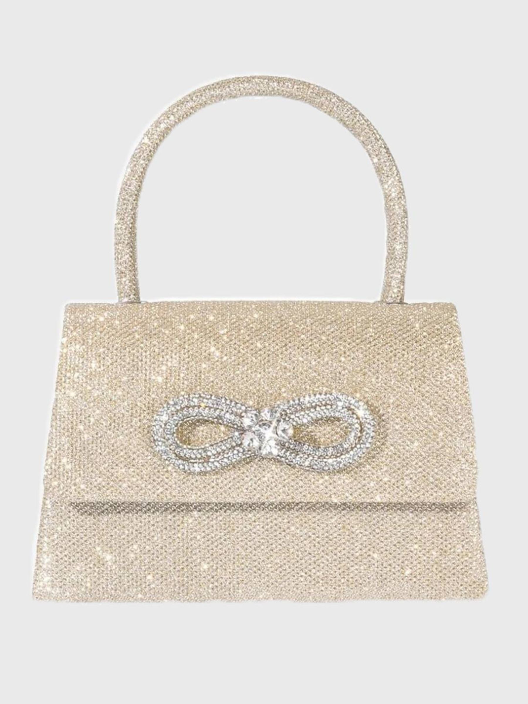 Glitter Handbag in Rose Pink Featuring a Rhinestone Bow