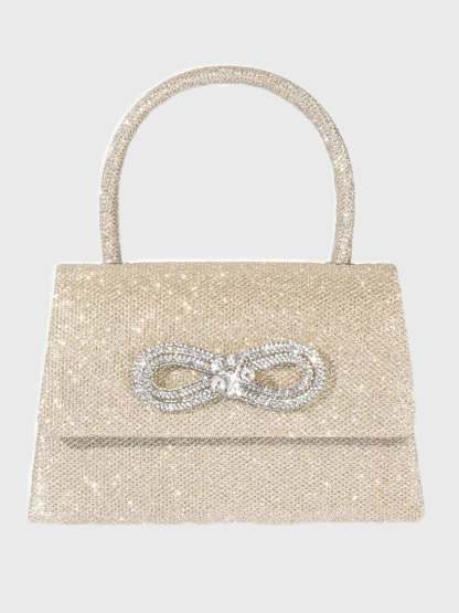 Glitter Handbag in Rose Pink Featuring a Rhinestone Bow