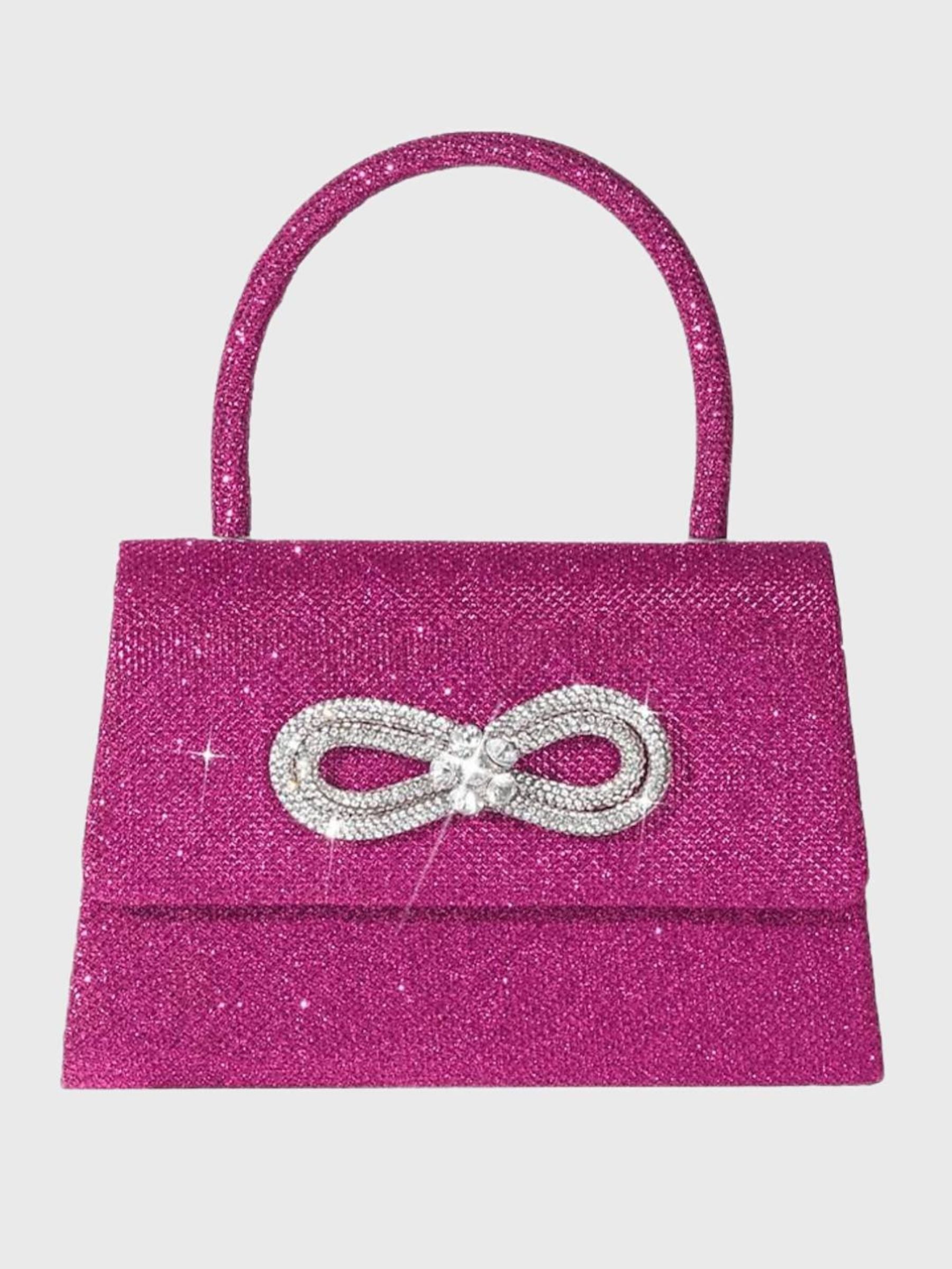 Glitter Handbag in Rose Pink Featuring a Rhinestone Bow