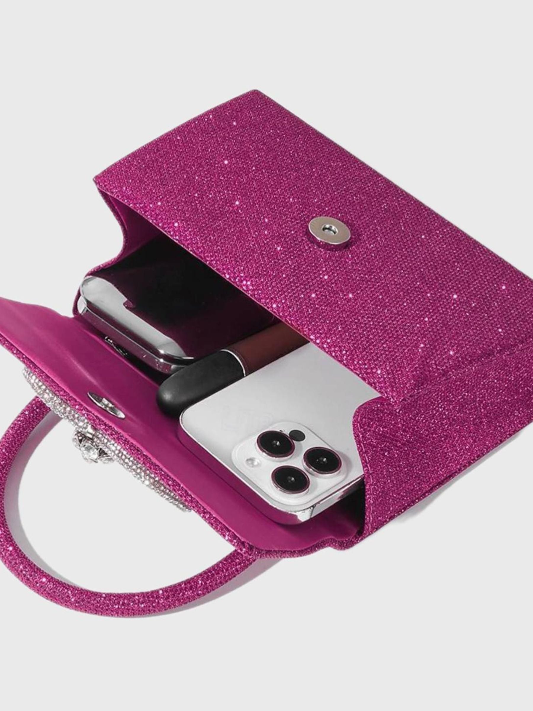 Glitter Handbag in Rose Pink Featuring a Rhinestone Bow