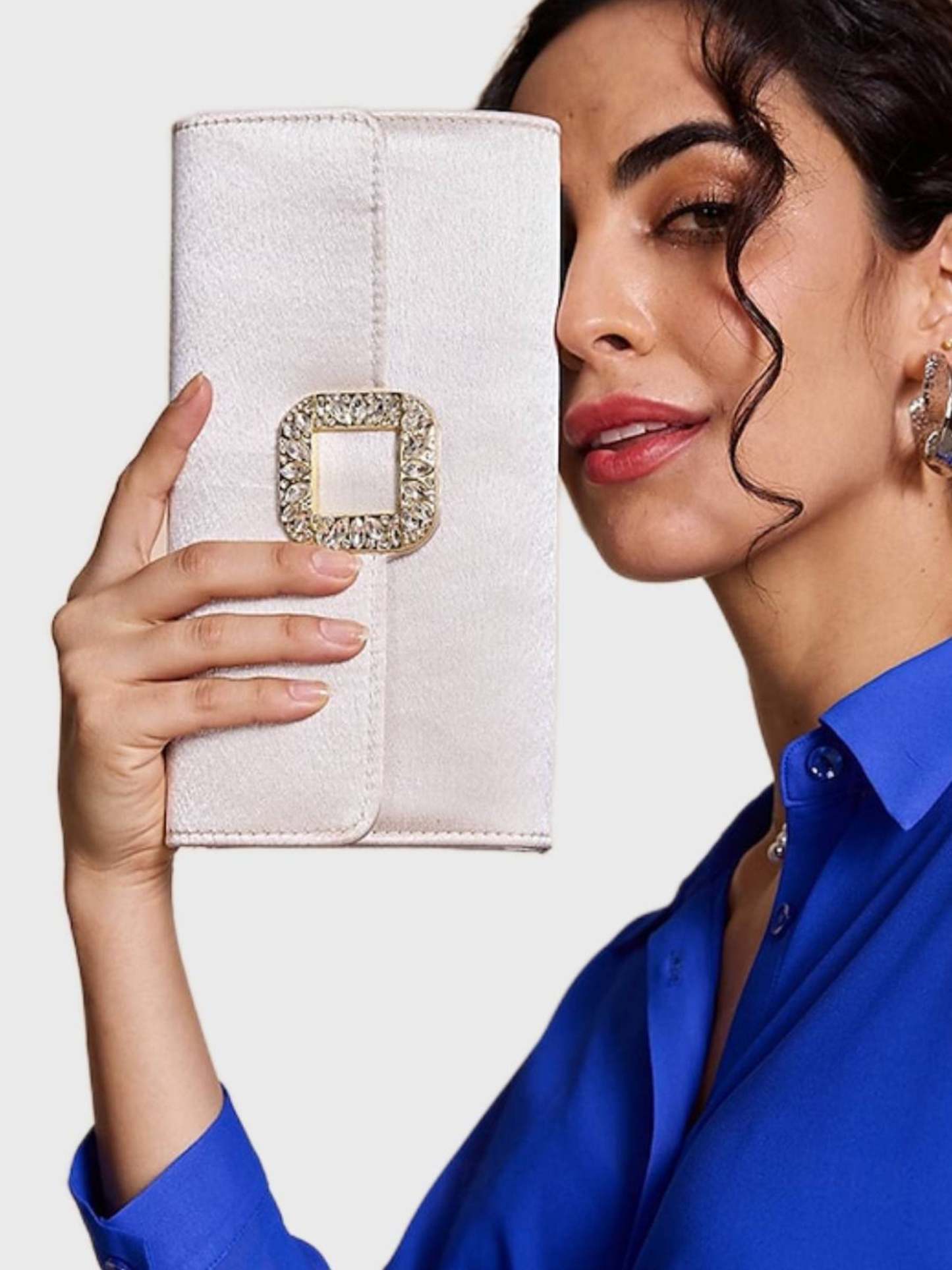 Elegant Black Satin Clutch Featuring a Rhinestone Buckle